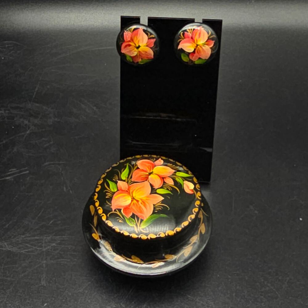 Ukrainian Folk Art Lacquerware Trinket Box Jewelry Set Earrings Brooch Necklace